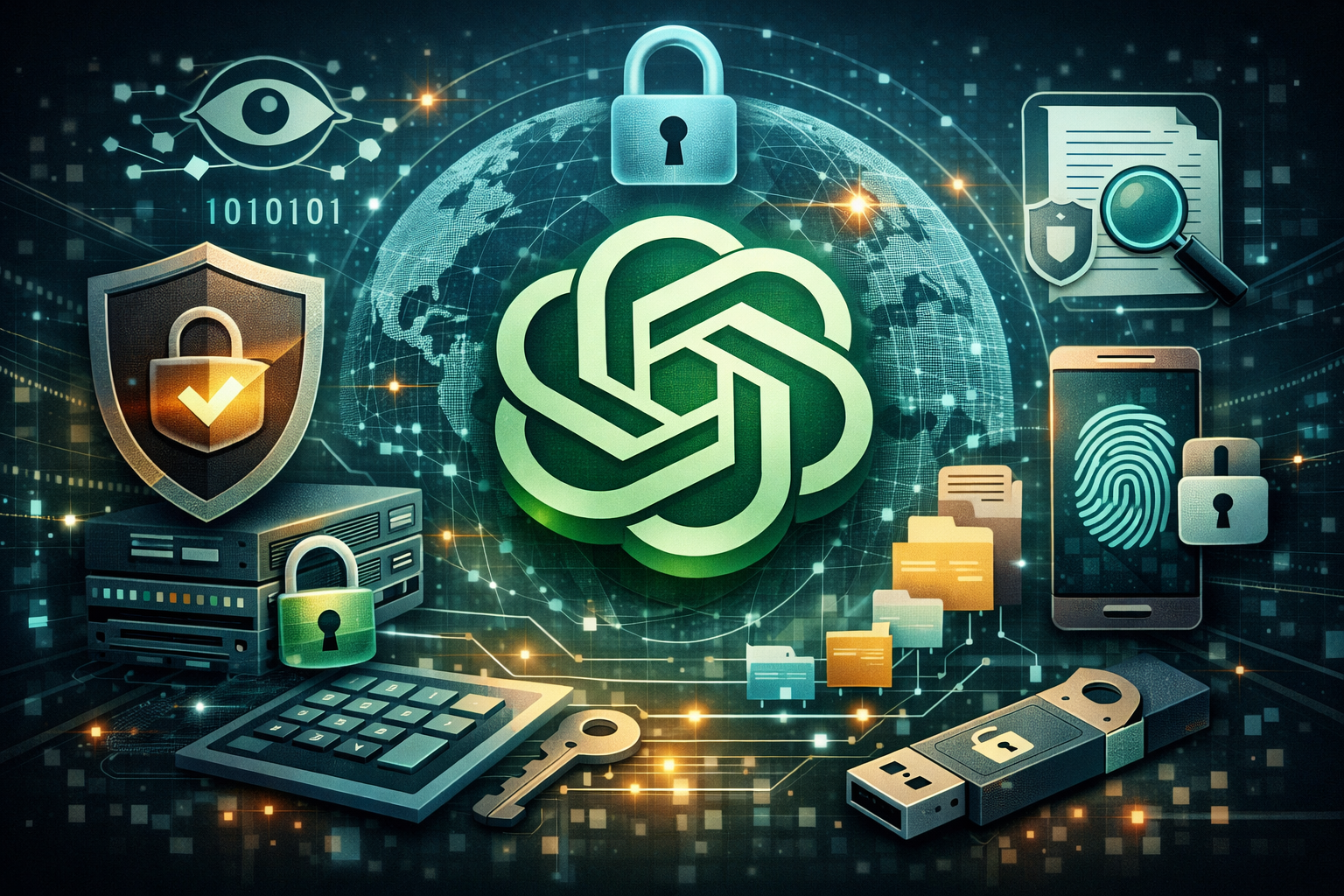 Futuristic illustration showing the ChatGPT logo surrounded by cybersecurity and privacy protection symbols including encryption locks, fingerprint authentication, secure servers, and data networks.