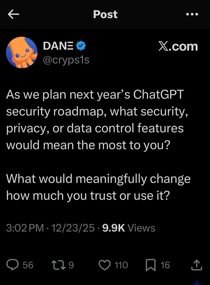 OpenAI 2026 Security Roadmap feature request tweet on X.
