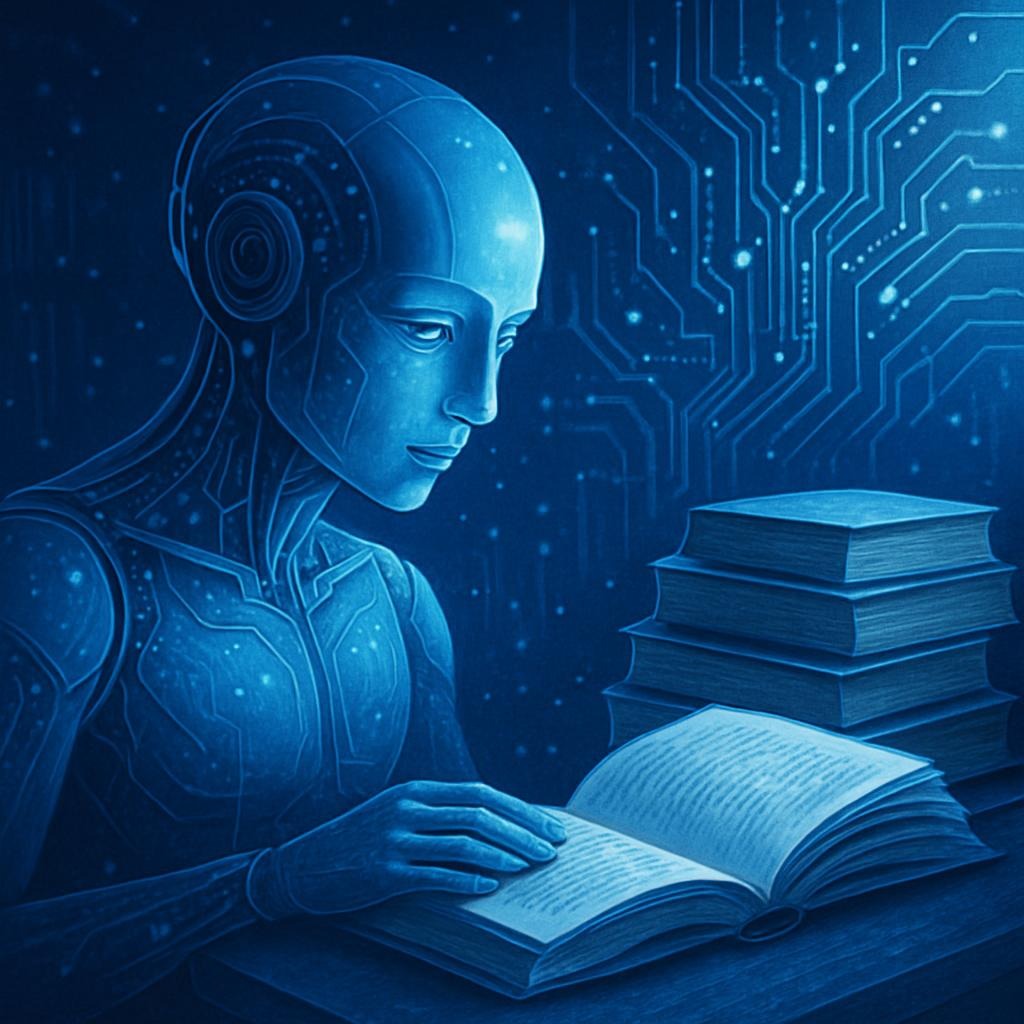 An artificial intelligence robot seated at a small desk reading a physical book. There is a stack of books on the desk next to them and the wall behind them is covered in circuitry.