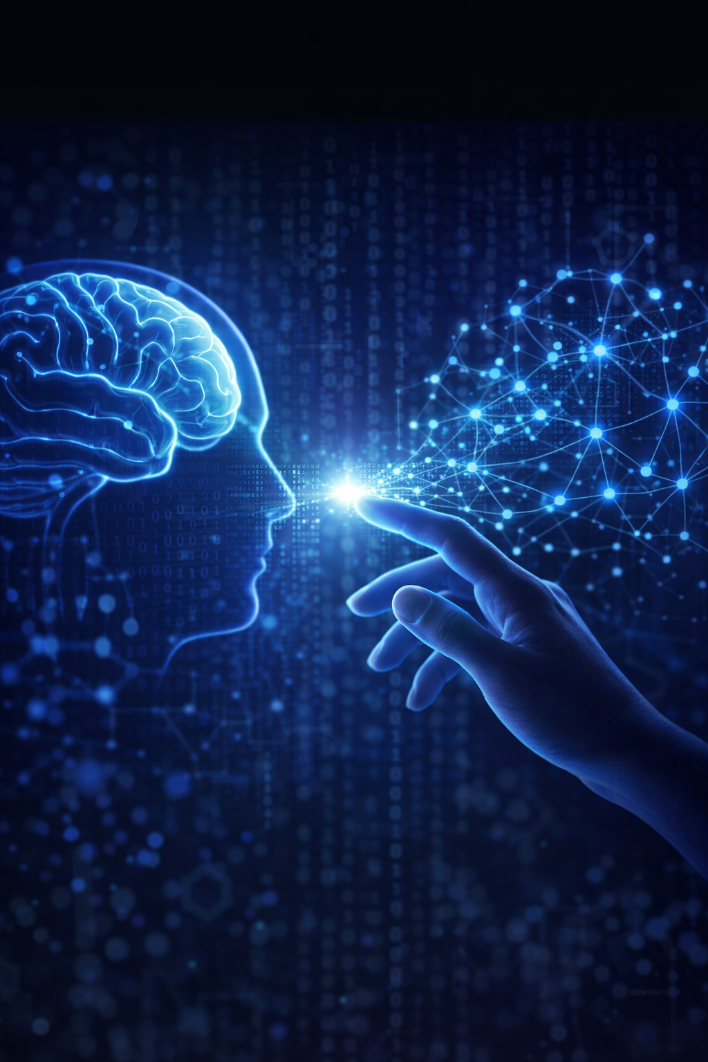 Digital illustration of a glowing human brain and neural network reaching toward each other, with a hand touching the point where they meet—symbolizing the intersection of human thought and artificial intelligence.