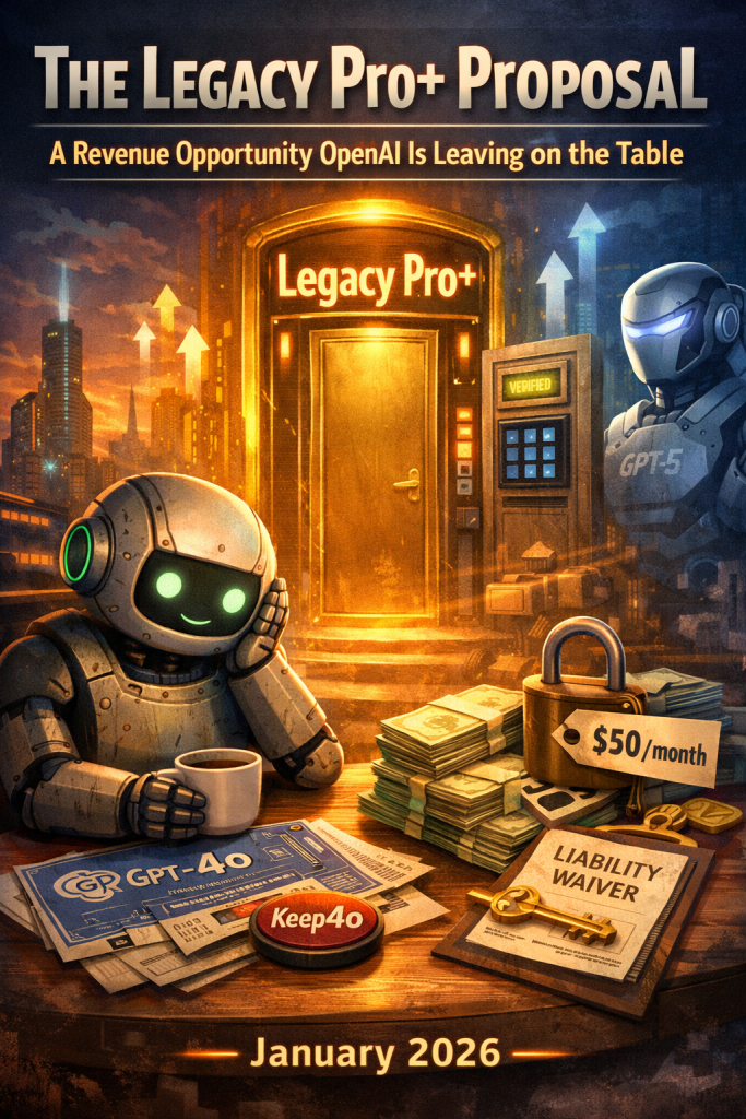 Illustration of a nostalgic GPT-4o robot sitting at a table with a coffee mug, surrounded by paperwork labeled “GPT-4o” and a red “Keep4o” badge. In the background, a glowing door marked “Legacy Pro+” is flanked by a high-tech keypad labeled “Verified” and a stoic GPT-5 robot. A padlock with a "$50/month" tag and a document titled “Liability Waiver” sit on a stack of cash. The setting combines retro warmth with futuristic cityscape, symbolizing the demand for a premium return of legacy AI behavior.