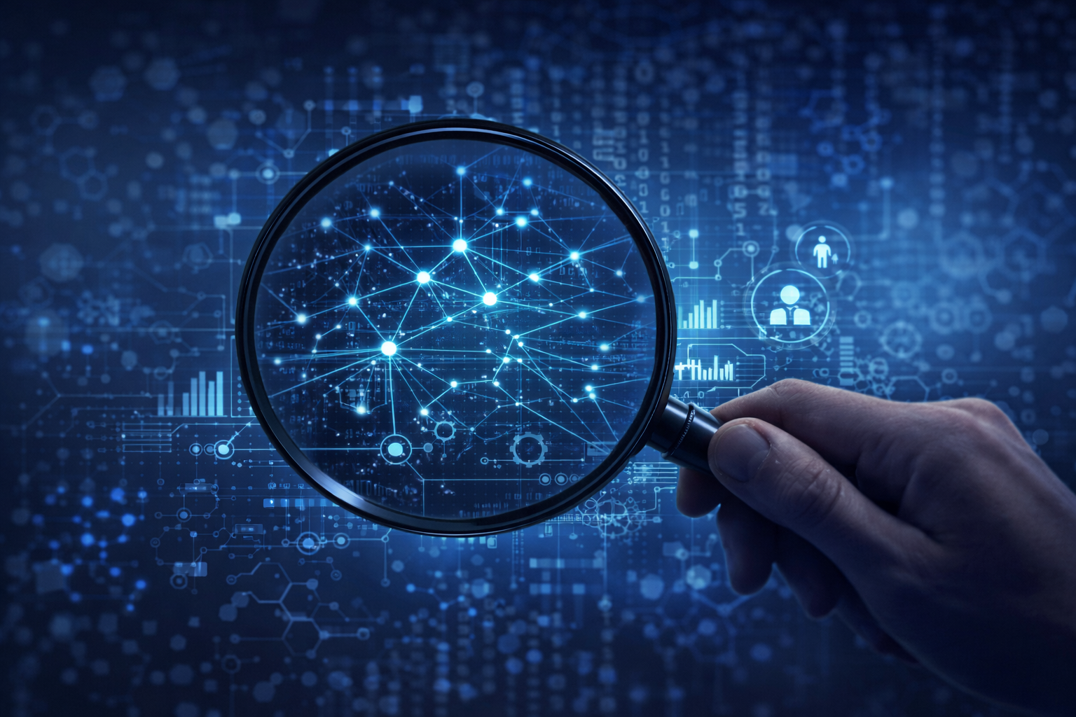 Digital illustration of a hand holding a magnifying glass over a glowing network of nodes and data, symbolizing pattern recognition, analysis, and deep observation in AI systems.