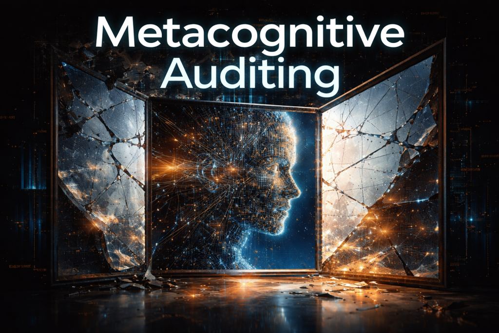 A digital illustration showing a human head in profile formed from glowing network-like lines, centered within three cracked glass panels that resemble mirrors. Light and data-like patterns radiate through the fractures. The title “Metacognitive Auditing” appears above the image on a dark background.