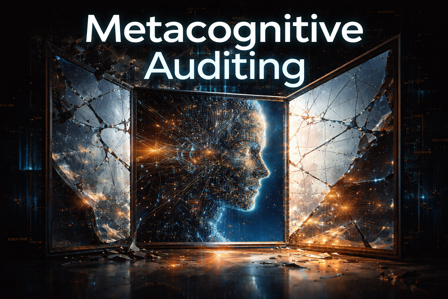 A digital illustration showing a human head in profile formed from glowing network-like lines, centered within three cracked glass panels that resemble mirrors. Light and data-like patterns radiate through the fractures. The title “Metacognitive Auditing” appears above the image on a dark background.