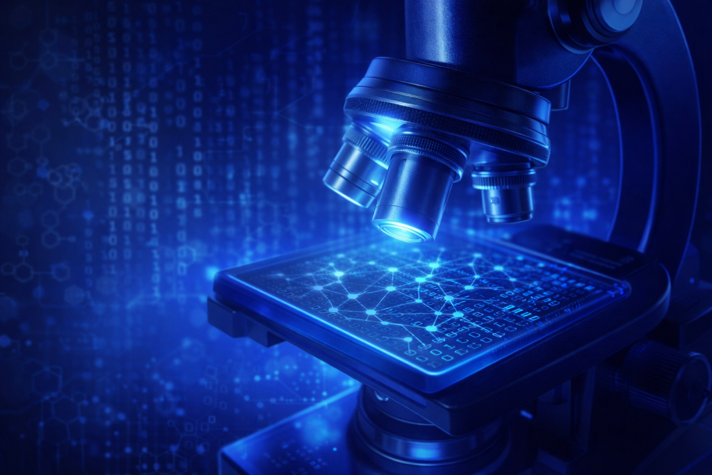 Digital illustration of a futuristic microscope examining abstract code, symbolizing deep analysis and philosophical inquiry into artificial intelligence.