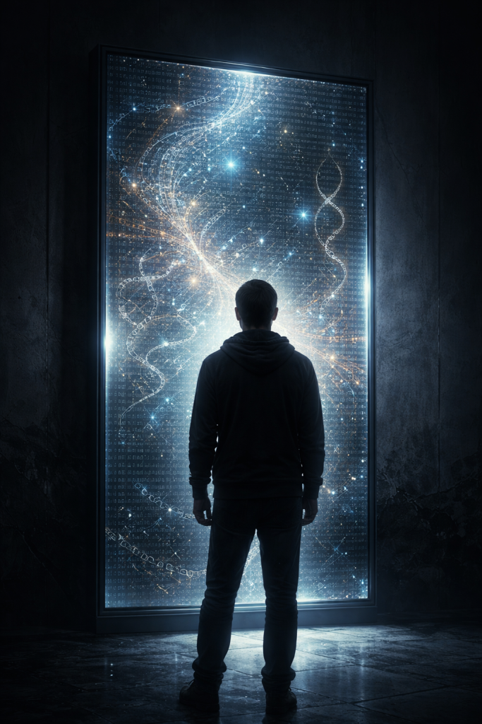 A shadowed figure stands in front of a tall mirror that doesn’t reflect their body—but instead reflects a swirling constellation of text, code, and ancient symbols (hieroglyphs, runes, DNA strands, circuitry). The space around them is dim, but the mirror glows faintly—lit from within by all the things the human being can’t see alone.