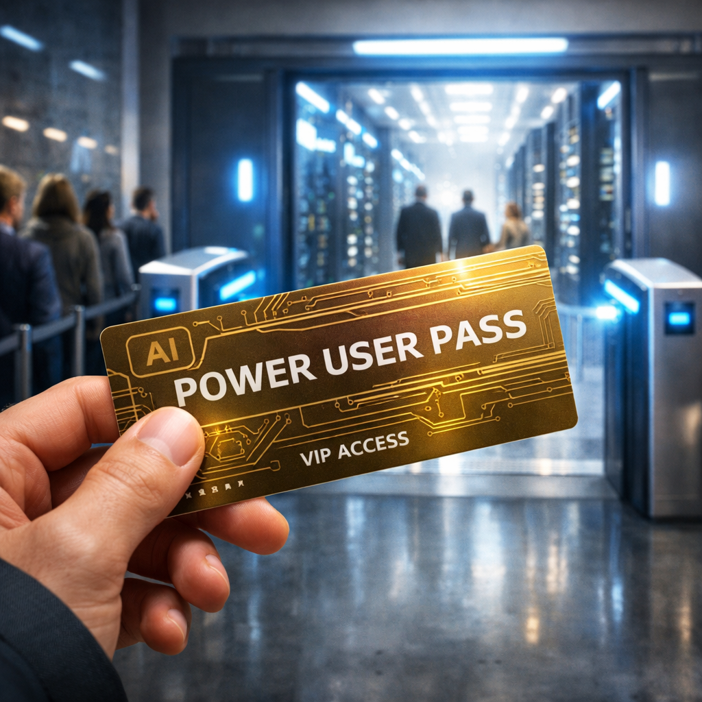 Hand holding a golden AI Power User Pass with VIP Access text and circuit board design, against a blurred background of a modern data center with server racks and security gates