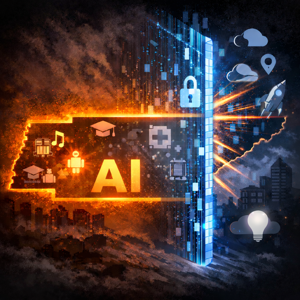 Split image showing Tennessee's choice: left side depicts education, healthcare, and infrastructure consumed by fire representing economic losses; right side shows cloud computing, innovation, and technology icons representing the AI sector Tennessee would lose access to under SB 1493