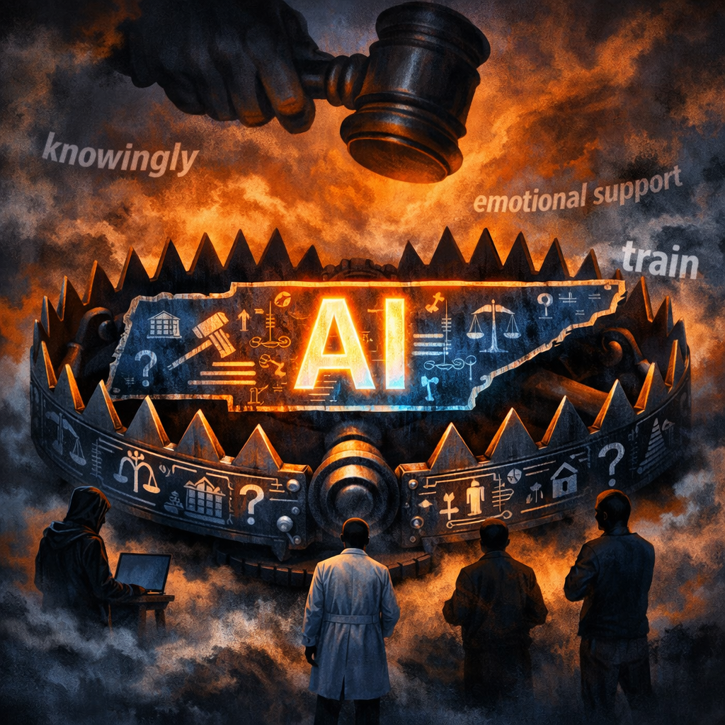 Tennessee state outline as bear trap with AI at center, surrounded by legal symbols and four silhouetted figures representing potential defendants, with judge's gavel descending and words 'knowingly,' 'train,' and 'emotional support' floating in apocalyptic fire background, illustrating the legal trap created by vague criminal liability in SB 1493