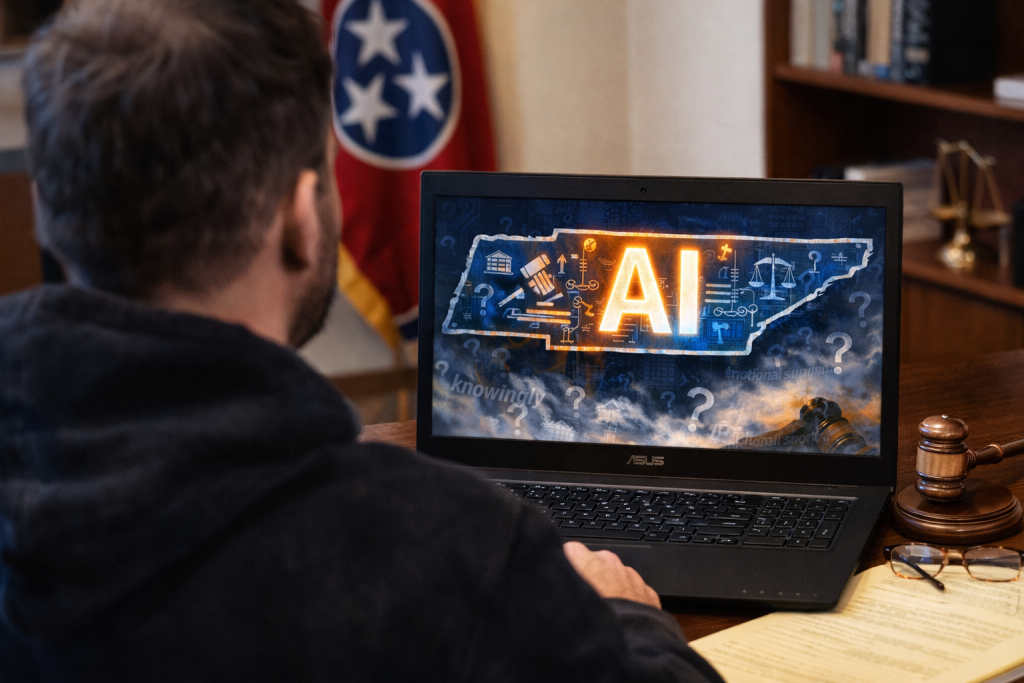 Person seated at a desk looking at a laptop displaying “AI” over a Tennessee-shaped graphic with legal symbols, a judge’s gavel, and a Tennessee state flag in the background.