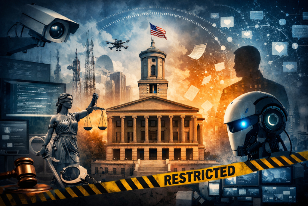 Illustration of a government building surrounded by surveillance cameras, drones, legal symbols, and a humanoid robot, with caution tape labeled “Restricted,” representing government control and regulation of artificial intelligence.