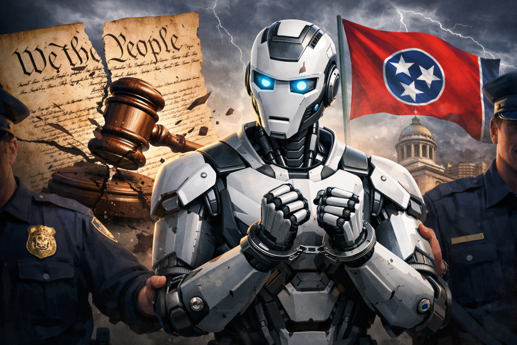 Digital illustration of a humanoid robot in handcuffs between two police officers, standing in front of a cracked judge’s gavel and a torn U.S. Constitution, with storm clouds, lightning, the Tennessee state flag, and the Tennessee Capitol building in the background, symbolizing Tennessee’s AI bill colliding with constitutional protections.