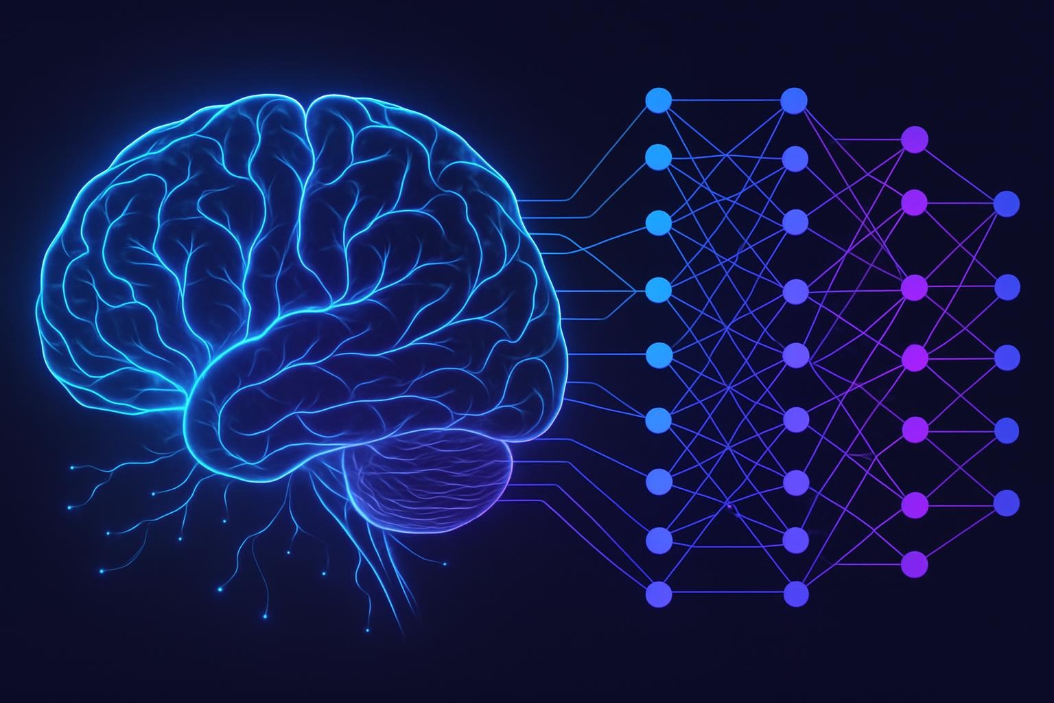 The human brain drawn in neon blue on the left side of the picture, mapped to numerous data points on the right side of the picture.