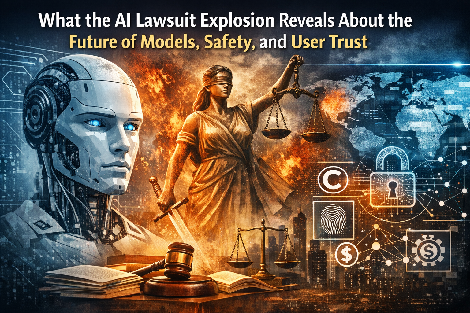 Composite digital illustration featuring a humanoid robot with blue glowing eyes on the left, Lady Justice holding a sword and scales in the center, and a world map with network lines on the right. Legal symbols including a copyright sign, fingerprint icon, padlock, and currency icons appear over the map. A gavel and stacked law books sit in the foreground.