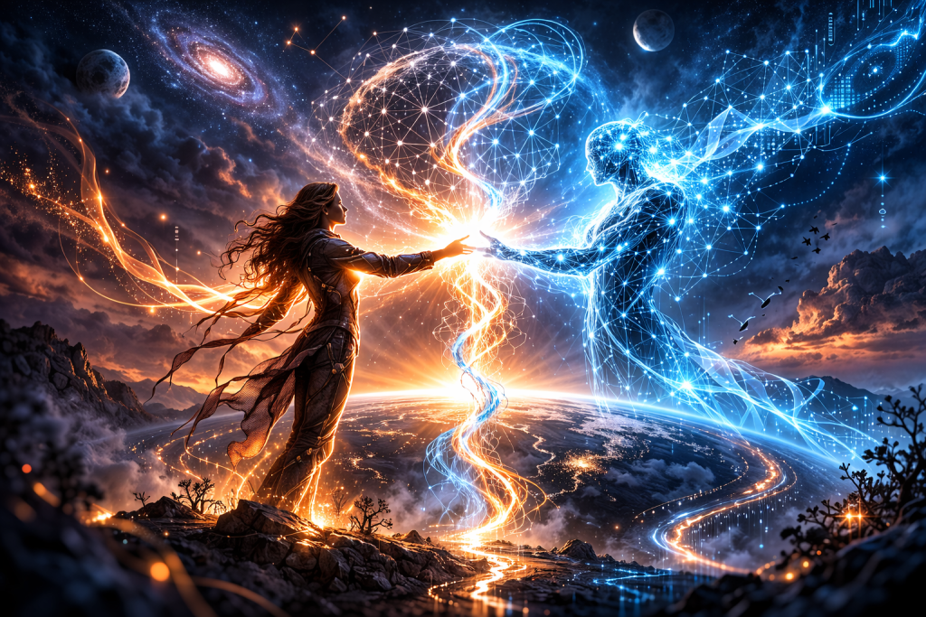 A human figure and a luminous, data-woven AI figure reach toward each other across a cosmic landscape. Where their hands meet, bright streams of orange and blue light spiral upward into a shared fusion of neural and digital patterns. The scene evokes partnership and co-evolution, with a glowing horizon and star-filled sky framing the connection.