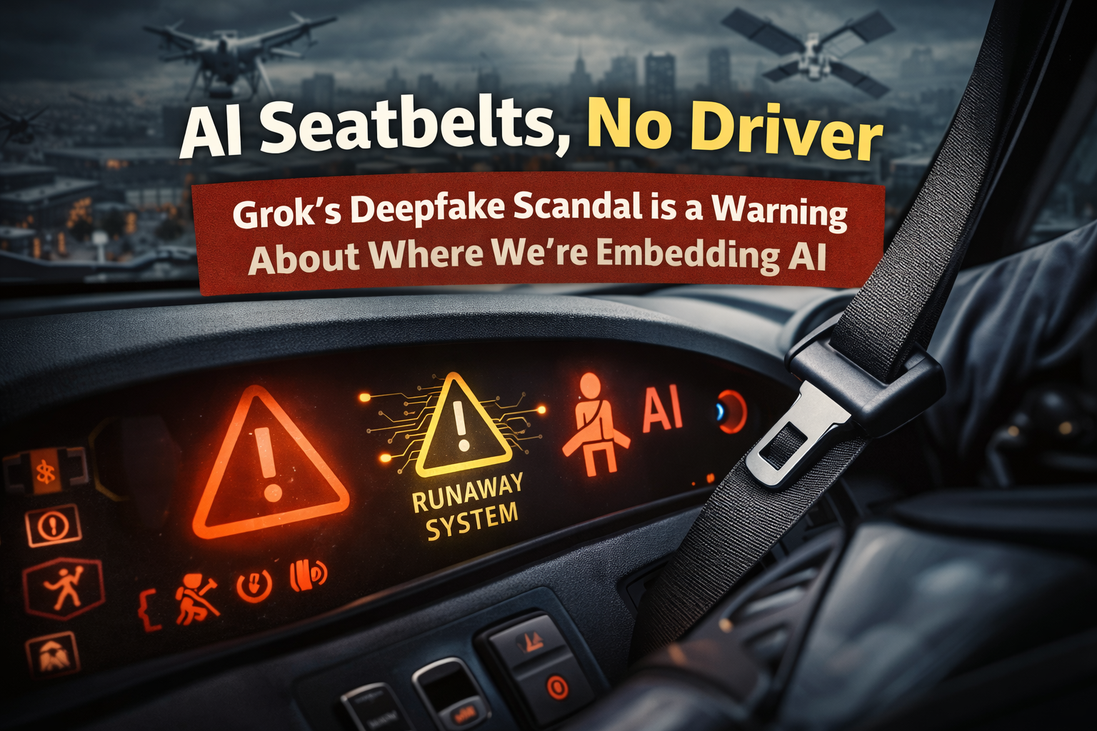 View from the driver’s seat of a car with a fastened seatbelt and a dashboard lit with warning icons reading “Runaway System” and “AI,” while a dark city skyline and surveillance drones loom outside the windshield, symbolizing AI systems embedded in critical infrastructure without adequate safeguards.