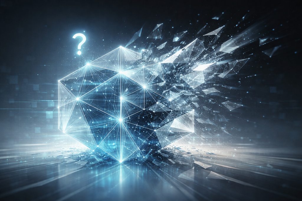 A glowing geometric crystal representing an AI reasoning structure begins to fracture outward into bright shards as a single floating question mark hovers near it, symbolizing how a poorly worded prompt destabilizes an otherwise coherent answer.