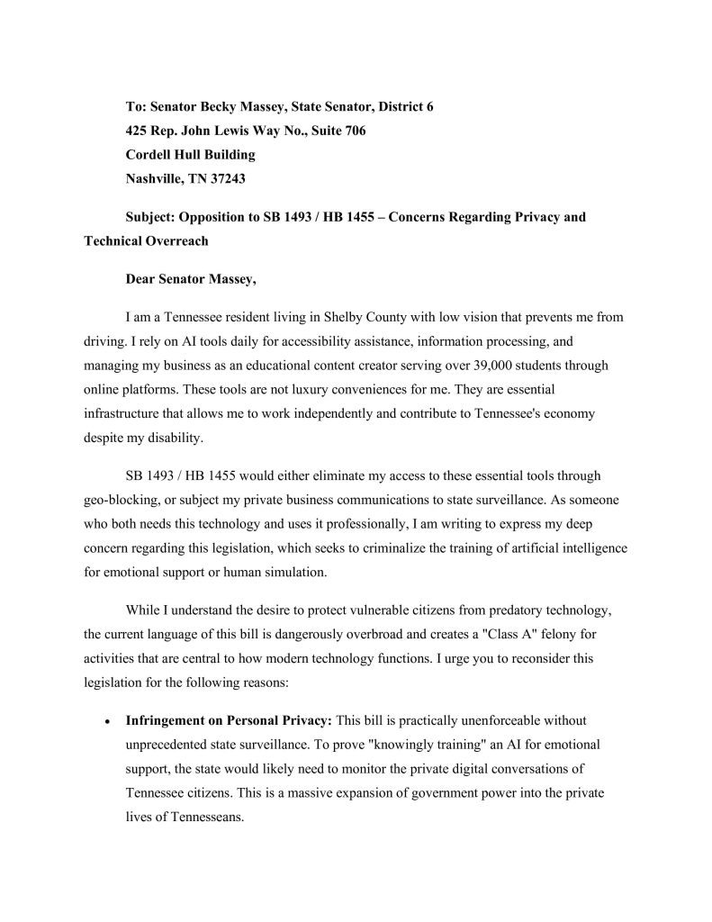 First page of a formal letter from a Tennessee resident to State Senator Becky Massey opposing SB 1493 / HB 1455, describing reliance on AI for disability accessibility, work, and economic participation, and outlining concerns about privacy, surveillance, and overbroad criminalization.