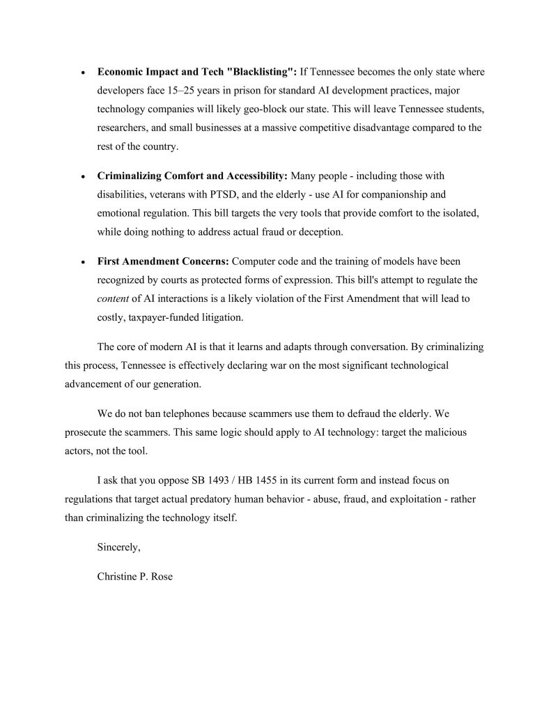 Second page of a letter to Senator Becky Massey continuing objections to SB 1493 / HB 1455, detailing economic harm, First Amendment concerns, impacts on disabled people, veterans, and the elderly, and urging regulation of malicious actors rather than criminalizing AI technology.