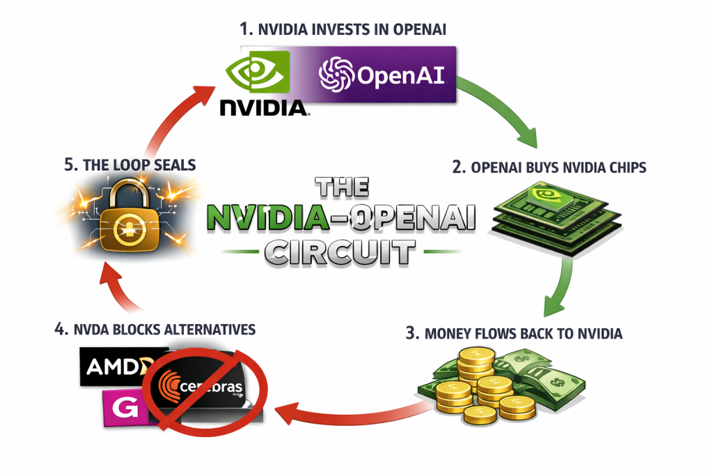 Infographic-style illustration of a closed circuit between NVIDIA and OpenAI. At the top, NVIDIA is shown investing money into OpenAI. An arrow leads from NVIDIA to OpenAI, where the funds are used to purchase NVIDIA chips. Another arrow loops back from OpenAI to NVIDIA, labeled as money flowing back for hardware. Off to the side, small icons representing alternative chip providers (like AMD, Cerebras, Groq) are shown being blocked or absorbed, with one visually crossed out. The final arrow closes the loop, forming a glowing ring around the cycle to emphasize a self-reinforcing circuit where NVIDIA funds OpenAI, OpenAI buys NVIDIA hardware, and competitors are neutralized so the loop stays closed.