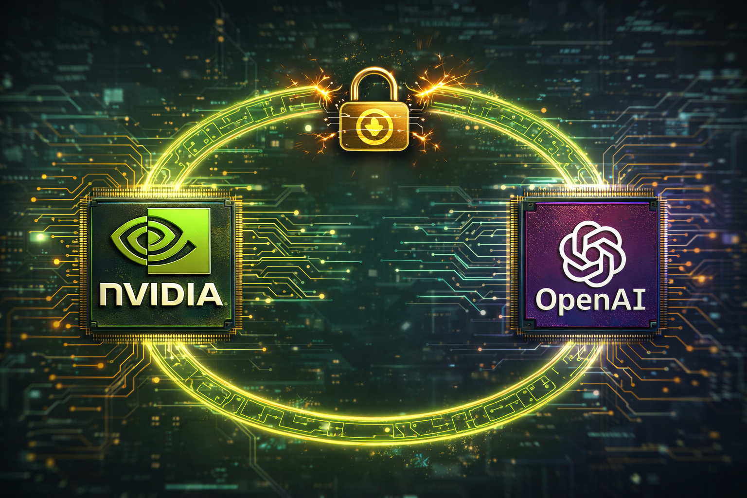 Digital illustration showing NVIDIA and OpenAI as glowing nodes in a circular electronic circuit, with neon data lines looping between them like a closed loop, suggesting money, chips, and power cycling between the two companies on a dark, futuristic background.