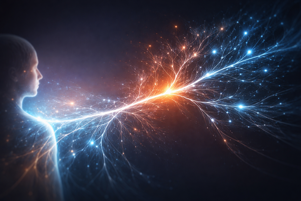 A luminous branching network emerges from a dark background, with one central bright pathway splitting into multiple glowing neural-like branches. A single prominent branch veers off incorrectly, shining more intensely than the others, symbolizing how an early wrong assumption can dominate and distort all later reasoning in a multi-turn conversation.