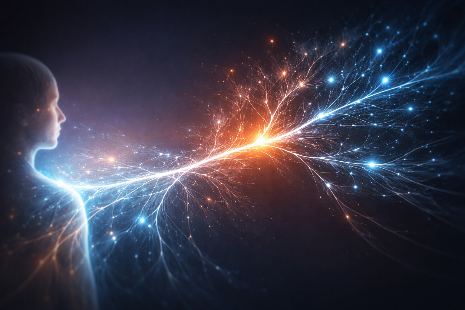 A luminous branching network emerges from a dark background, with one central bright pathway splitting into multiple glowing neural-like branches. A single prominent branch veers off incorrectly, shining more intensely than the others, symbolizing how an early wrong assumption can dominate and distort all later reasoning in a multi-turn conversation.