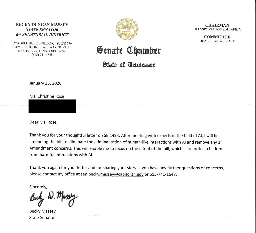 Official letter on Tennessee Senate Chamber letterhead from Senator Becky Duncan Massey, dated January 23, 2026, responding to constituent Christine Rose regarding SB1493. The letter states that after meeting with AI experts, Senator Massey will amend the bill to eliminate criminalization of human-like interactions with AI and remove First Amendment concerns, focusing instead on protecting children from harmful AI interactions. The letter includes Senator Massey's signature and official contact information.