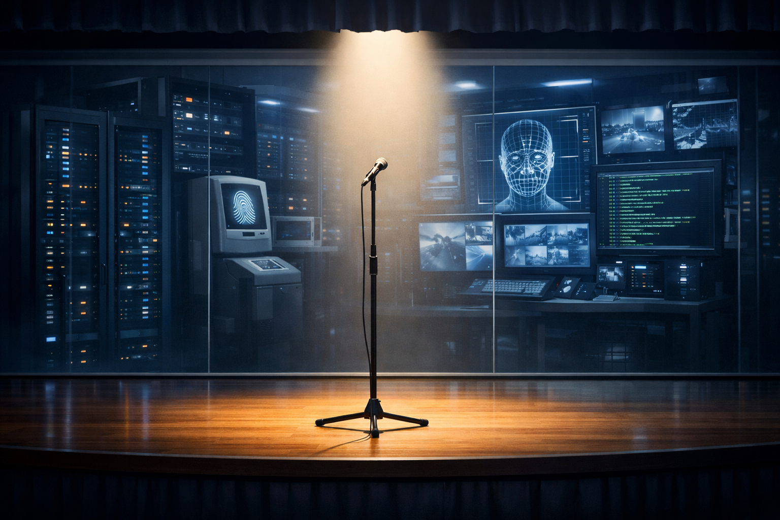An empty microphone stand spotlit on a stage, with surveillance infrastructure visible behind it: server racks, biometric scanning equipment, facial recognition displays, and monitoring screens. The warm spotlight contrasts sharply with the cold blue glow of the surveillance technology, symbolizing the gap between public promises and hidden reality.