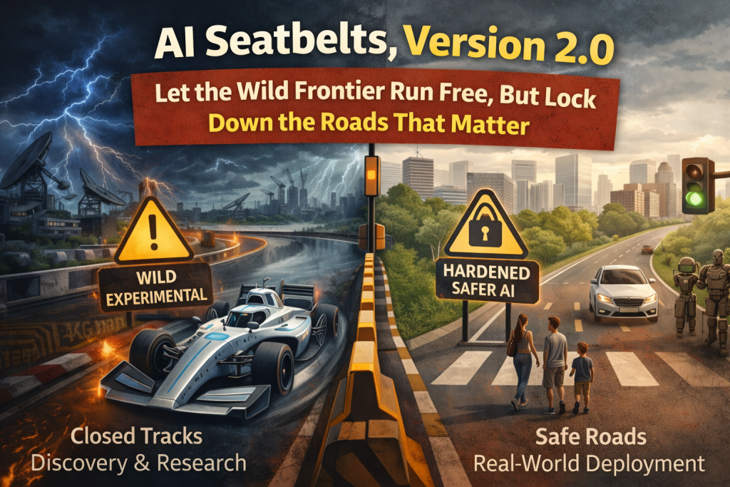 Split scene illustrating two AI paths: on the left, a stormy test track with a high-speed race car and warning signs labeled “Wild Experimental” and “Closed Tracks – Discovery & Research”; on the right, a calm city roadway with families crossing, a normal car, and signs reading “Hardened Safer AI” and “Safe Roads – Real-World Deployment,” representing unrestricted AI research kept separate from safeguarded real-world use.