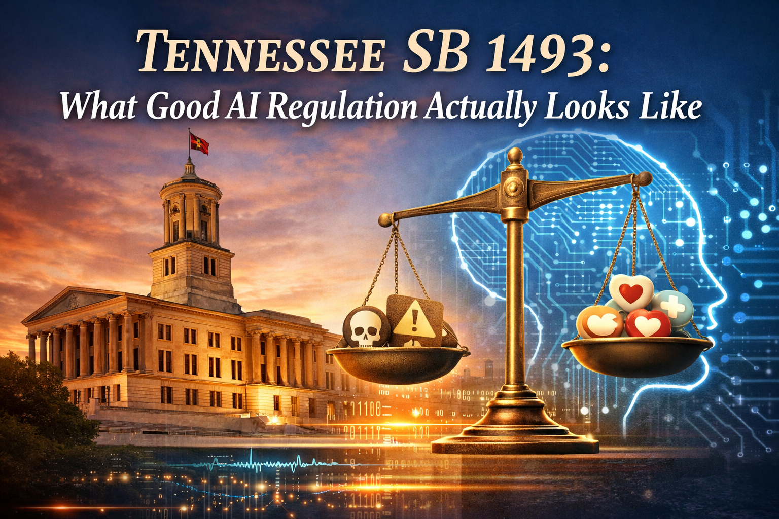 Tennessee State Capitol at sunset beside a justice scale; one pan shows hazard icons and the other shows hearts and health symbols over a circuit-pattern AI silhouette.