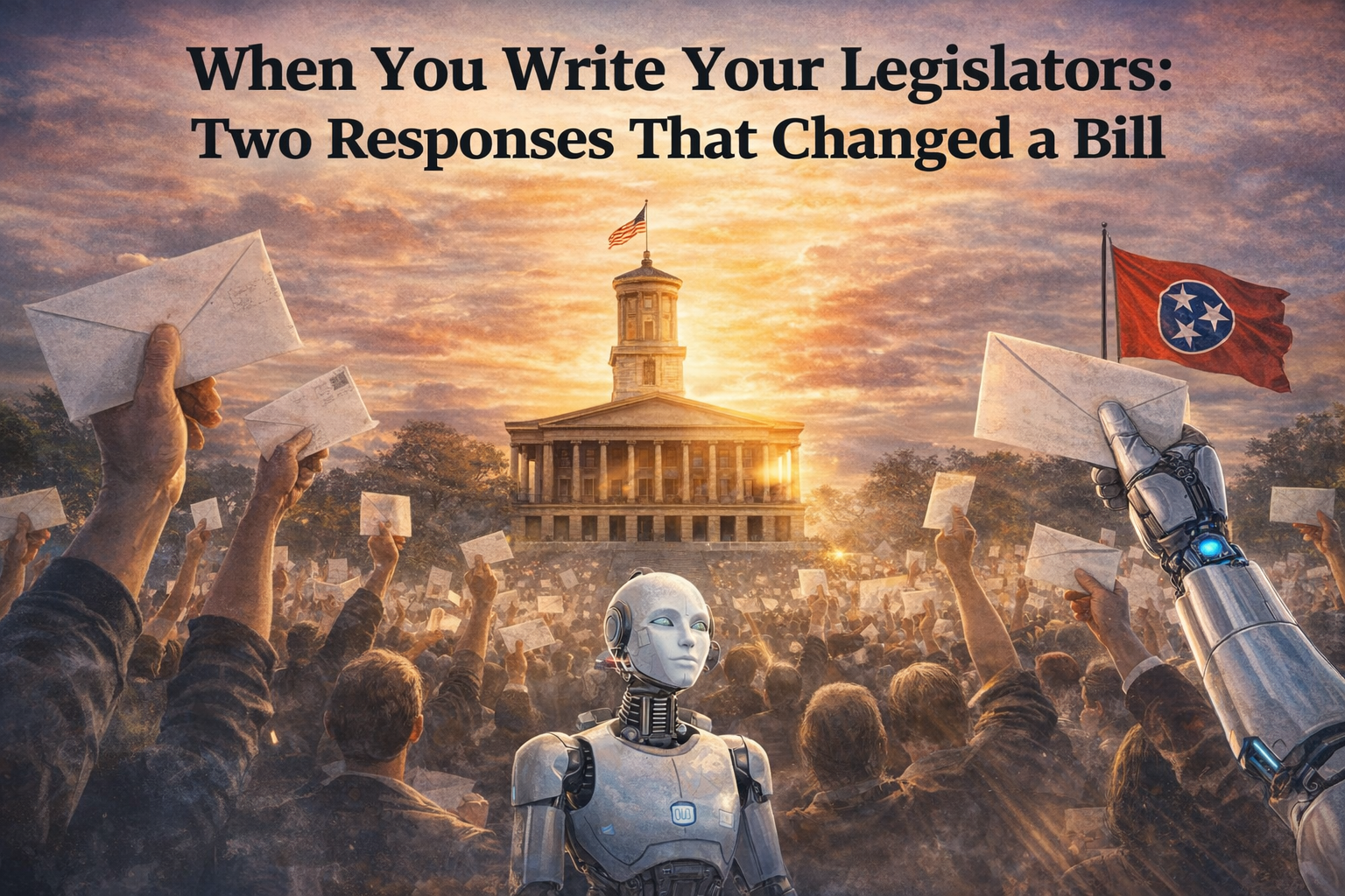 Crowd gathered before the Tennessee State Capitol at sunset, arms raised in civic action. At the center stands a humanoid AI figure, symbolizing the intersection of public advocacy and emerging technology, with the Tennessee state flag flying above—an image representing citizen engagement shaping state policy.