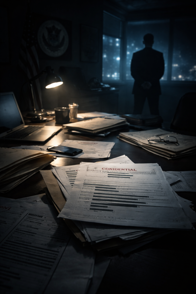 A dimly lit government-style office at night, with stacks of paperwork labeled “Confidential” spread across a cluttered desk. A silhouetted figure stands in front of a large window overlooking a city, hands clasped behind their back. A desk lamp casts sharp light across the documents, creating a tense, secretive atmosphere.