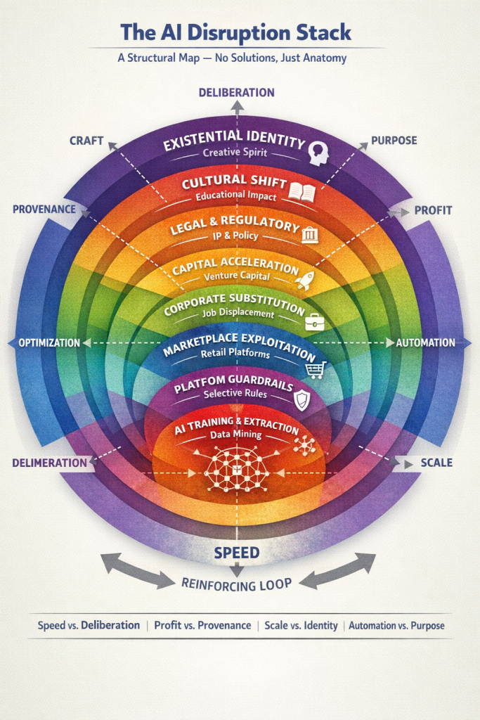 Diagram titled โThe AI Disruption Stackโ showing layered rings that map the structural forces shaping AI disruption. From the center outward the layers are: AI training and data extraction, platform guardrails, marketplace exploitation, corporate substitution, capital acceleration, legal and regulatory pressure, cultural shift, and existential identity change. Arrows around the diagram show tensions such as speed versus deliberation, profit versus provenance, scale versus identity, and automation versus purpose.