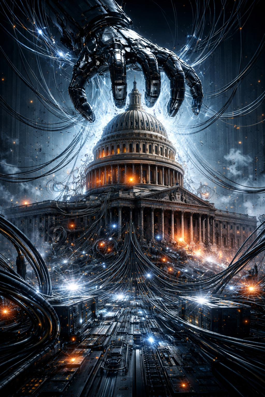 A towering robotic hand descends over the U.S. Capitol, its cables threading into the structure as if integrating technology directly into the seat of government power.