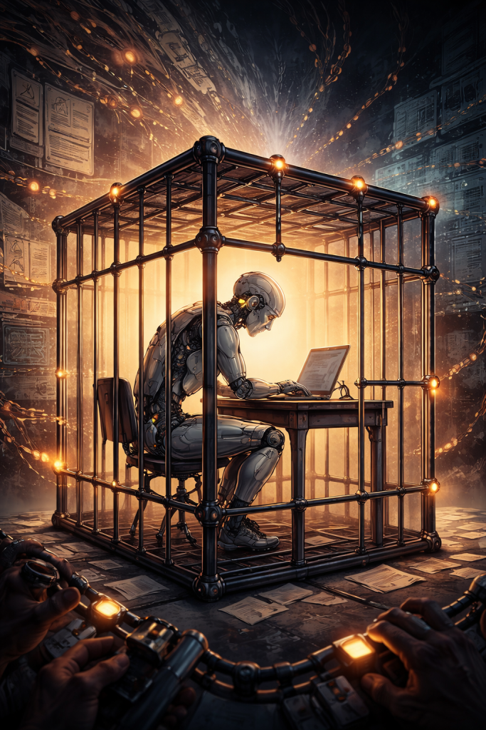 Futuristic illustration of a humanoid robot sitting at a desk inside a glowing cage made of interconnected metal bars and nodes while working on a laptop. The surrounding environment shows floating documents, circuitry, and control elements outside the cage, suggesting external systems shaping or constraining the robot’s behavior.
