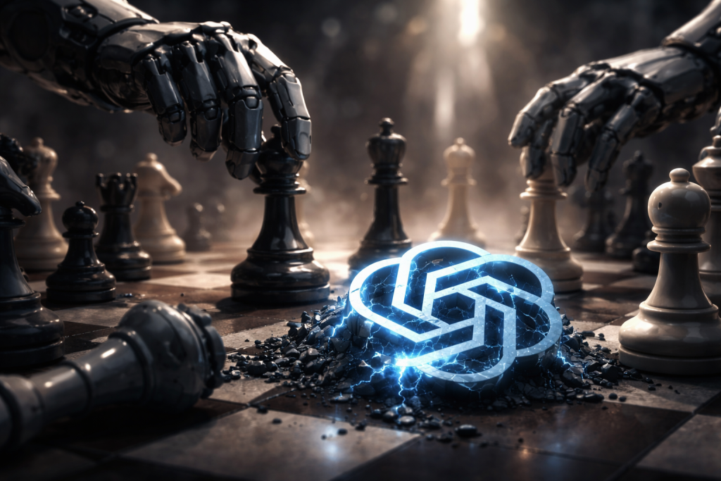 A cinematic chess match between robotic hands unfolds on a smoky board while a glowing AI emblem lies cracked on the surface, surrounded by fallen pieces.