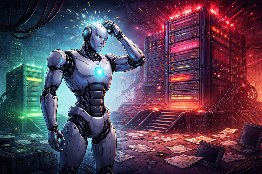 Perplexed humanoid robot scratching its head beside overheating server racks, symbolizing a ‘more advanced’ AI model that works worse than the one before it.