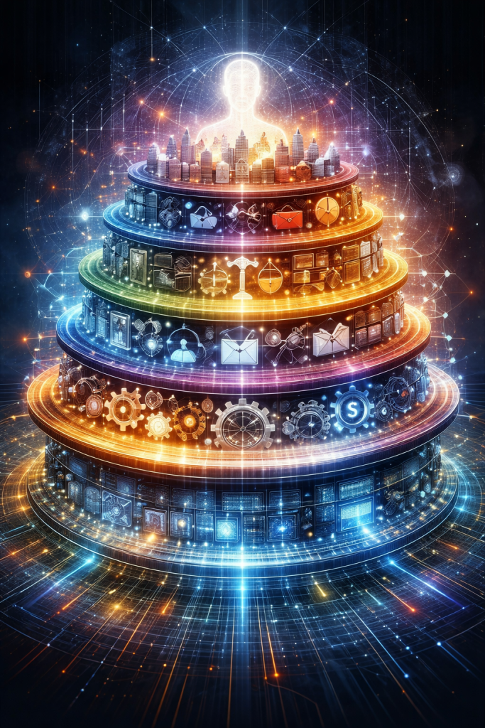 Glowing multi-layered structure made of interconnected technological and economic elements rising toward a luminous human figure, symbolizing the layered forces driving AI disruption.