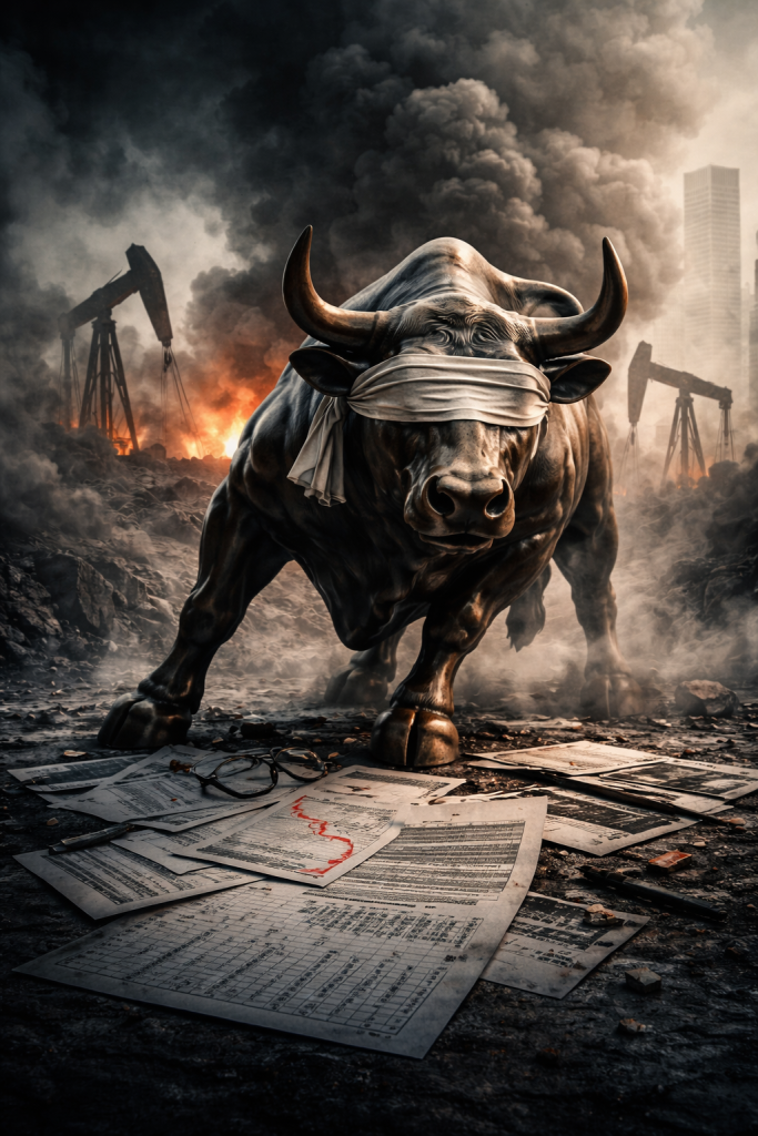 A blindfolded bronze bull stands in the center of a smoky, devastated financial landscape. Oil pumps burn in the background, sending thick black clouds into the sky. Scattered financial documents and broken eyeglasses lie on the ground at the bull’s feet, while a red downward line graph is visible on one of the pages. The scene conveys forced financial blindness and market instability against the backdrop of fossil-fuel extraction.