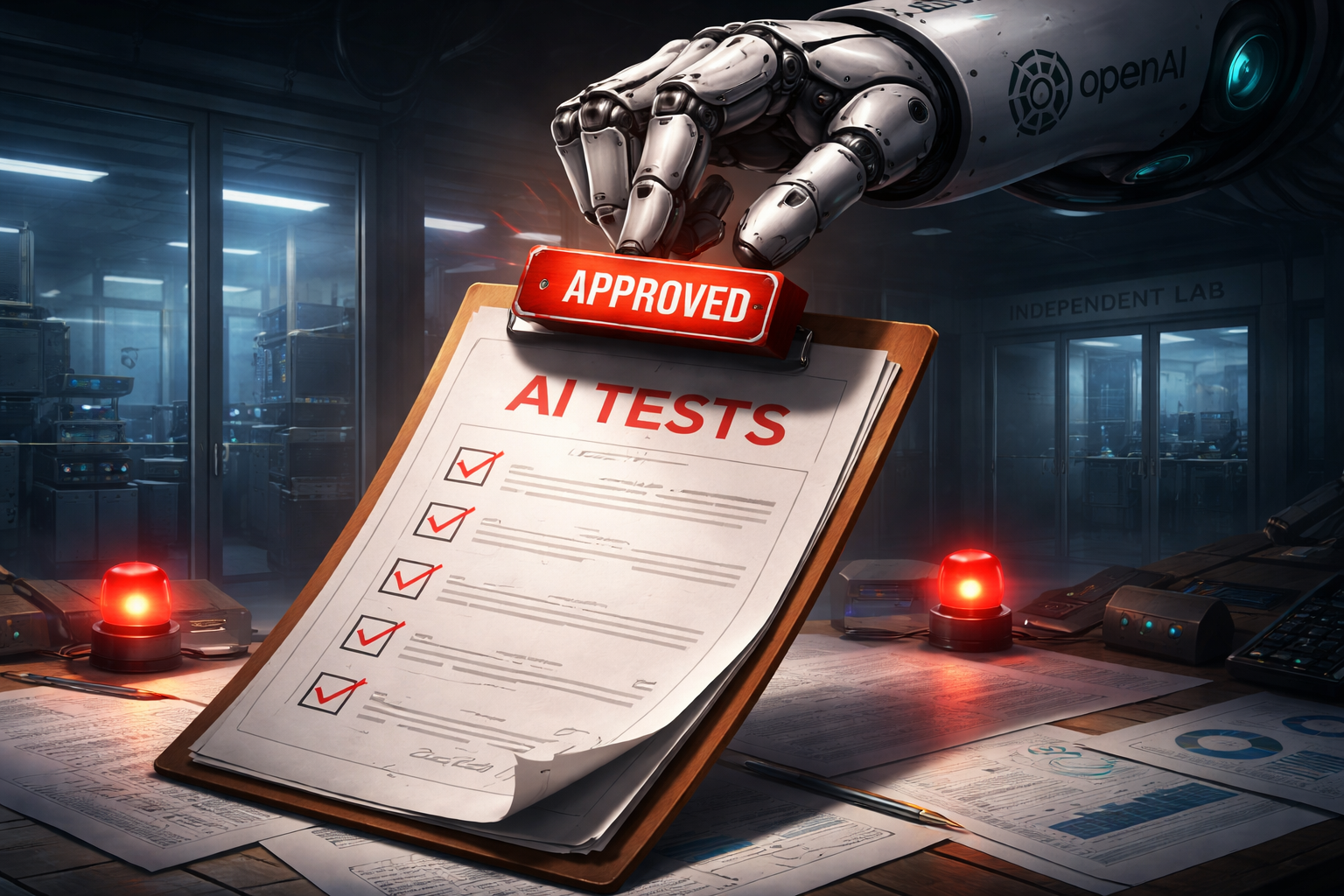 A robotic arm labeled “OpenAI” stamps a clipboard marked “AI Tests” with a large red “APPROVED” stamp in a high-tech laboratory, while a glass room labeled “Independent Lab” sits dimly in the background.