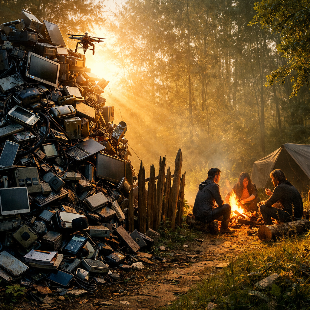 A large pile of discarded electronic devices rises on one side, while three people sit around a small campfire in a forest clearing on the other, separated by a rough wooden fence, symbolizing the tension between modern technology and a return to simpler living.