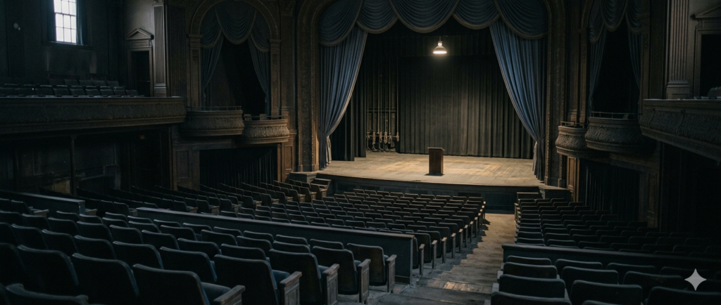 A wide, atmospheric view of an empty theater after a performance. Rows of dark seating recede into shadows, facing a wooden stage illuminated by a single overhead light. An abandoned podium stands slightly off-center between heavy, half-drawn velvet curtains. The color palette is muted with deep charcoals and dusty blues, conveying a still and contemplative silence.