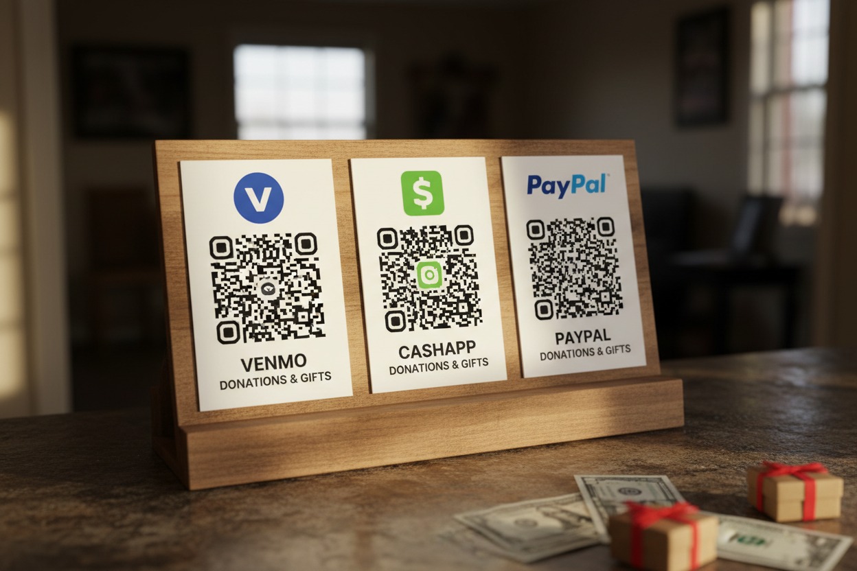 An image depicting mock QR codes allowing for donations and gifts via Venmo, CashApp and PayPal.